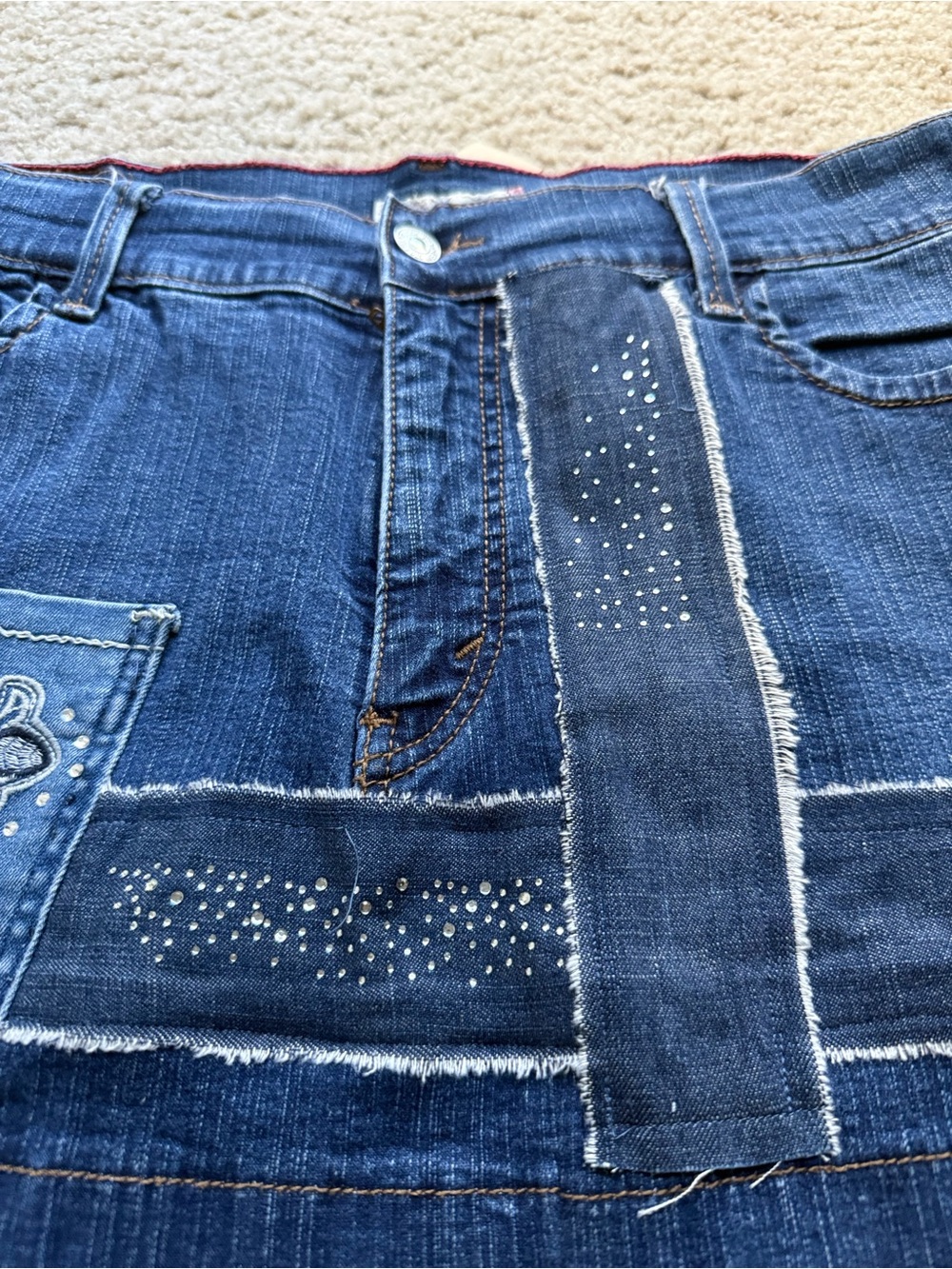 Upcycled Levi’s Denim Mini Skirt Rhinestone Cross Boho One of a Kind Y2K Size 12 - Picture 9 of 14